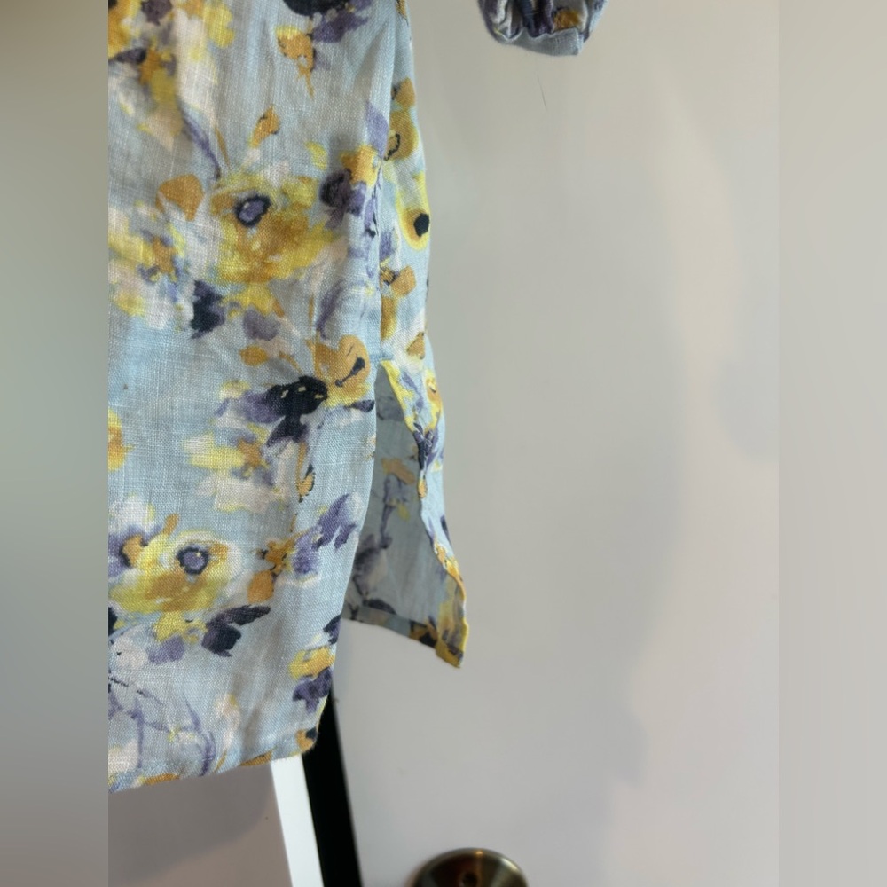 J. Jill love linen floral 100% linen blouse top Size L blue Yellow Roll Tab - Picture 7 of 11
